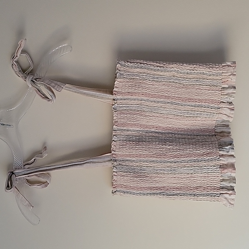 American Eagle Women's Smocked Tie Strap Cotton/Linen Blend Tank Top- Si…